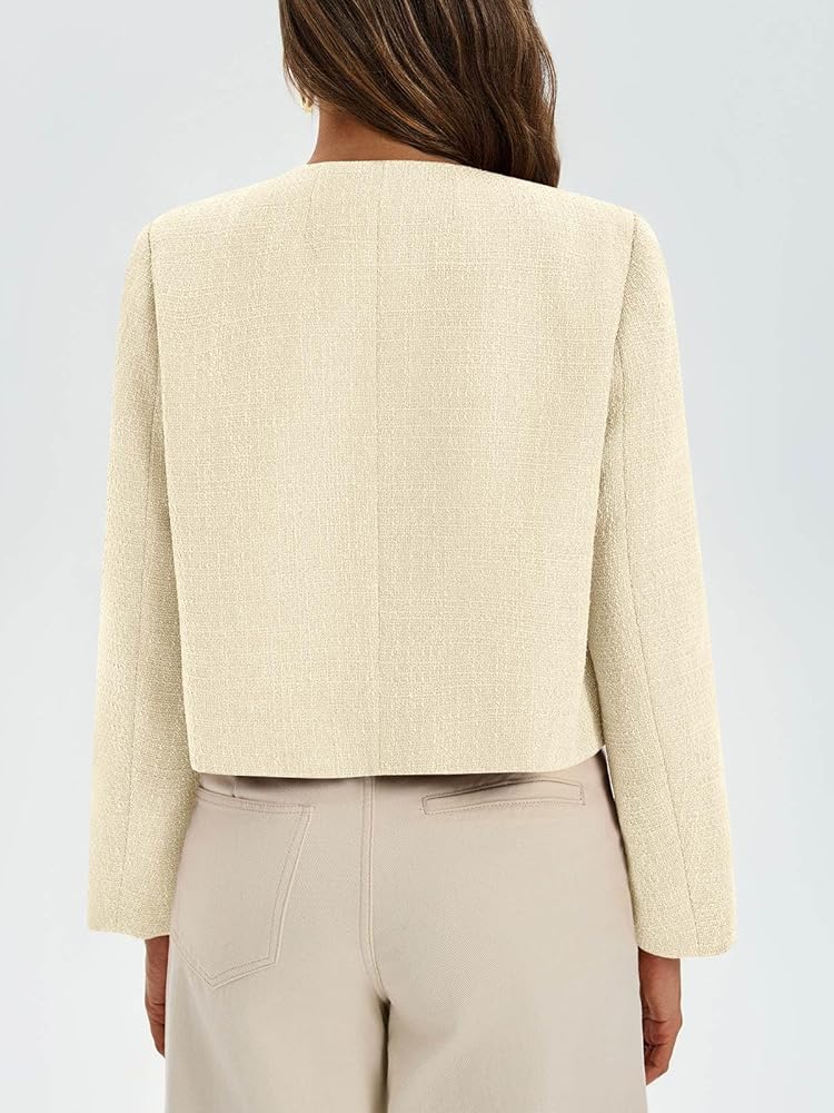 Cicy Bell Womens Cropped Tweed Blazer Collarless Button Down